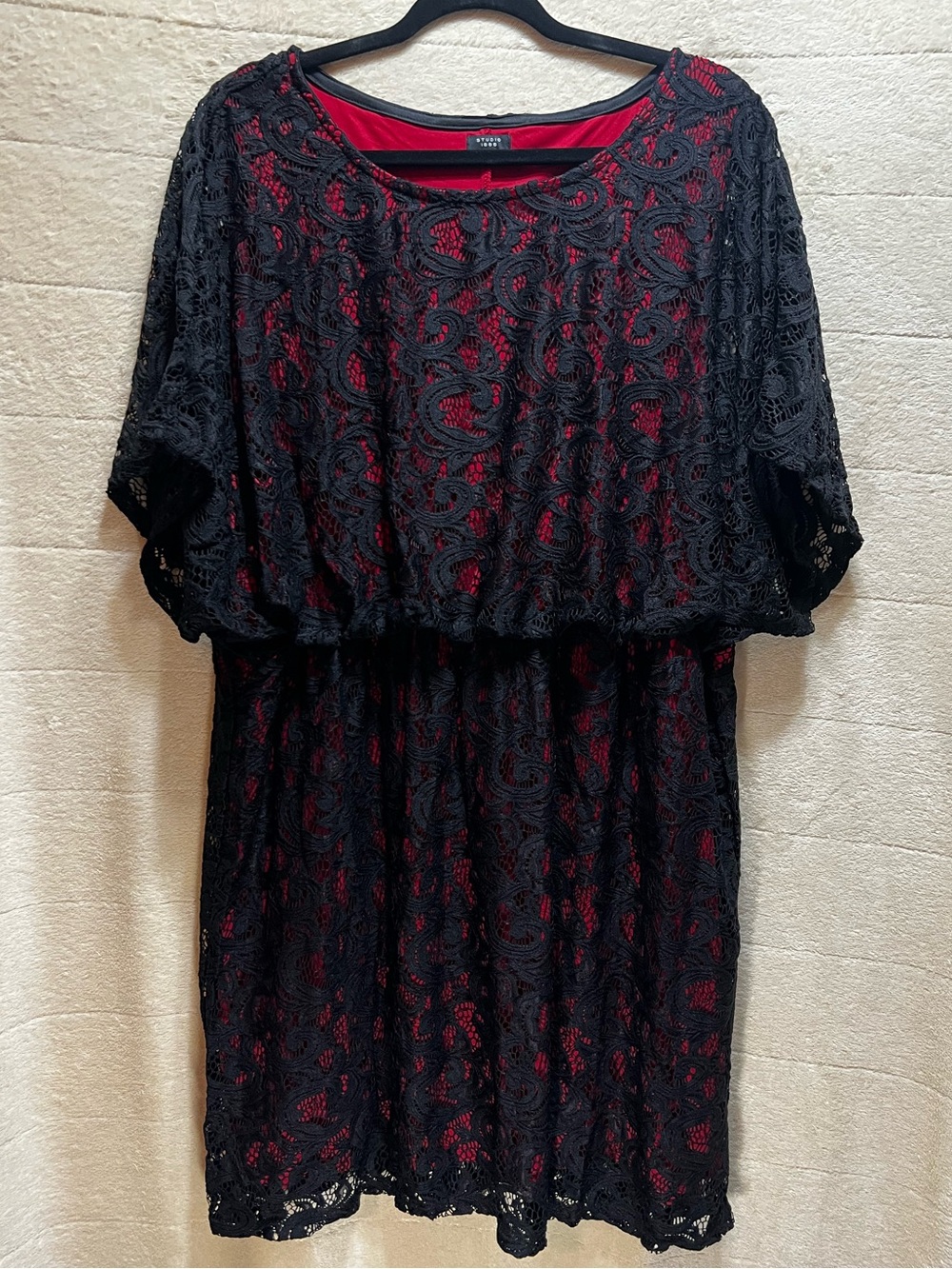 NWT Studio 1886 Black Lace Overlay Dress Red Lining Flutter Sleeve 1X 18W